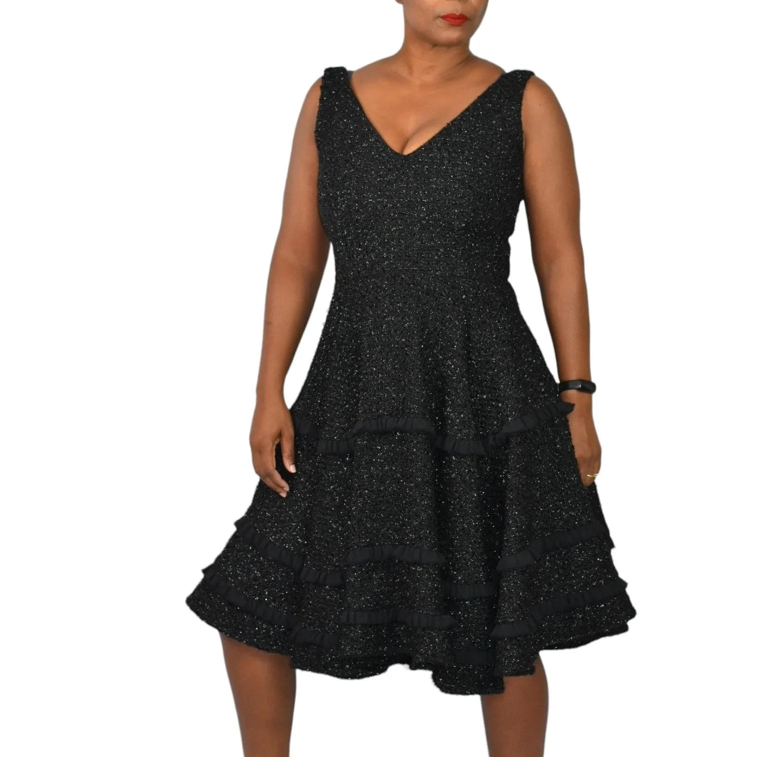 Abbey Glass Black Dress Tweed Boucle Textured Sparkle Shimmer Fit And Flare Tiered Full Midi Swing Knit Size 4