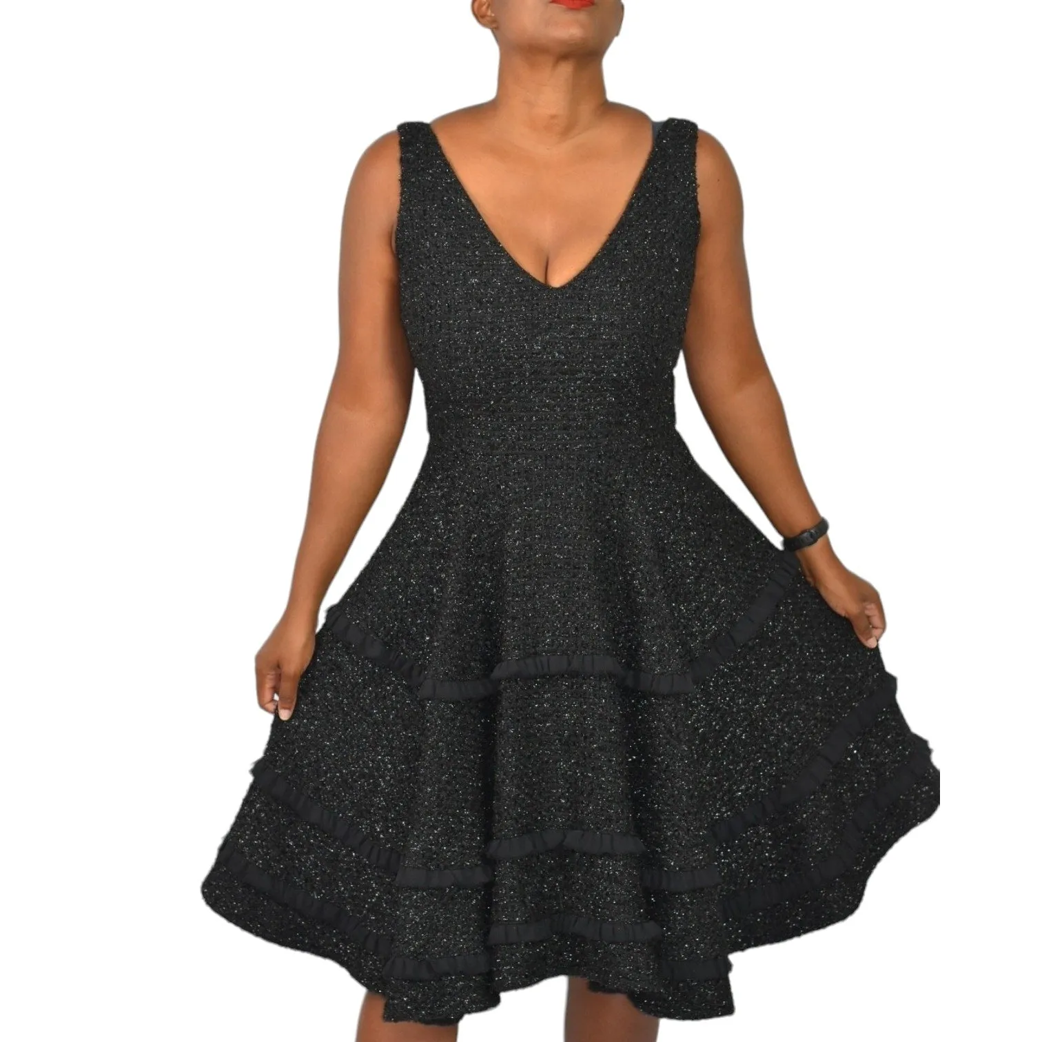 Abbey Glass Black Dress Tweed Boucle Textured Sparkle Shimmer Fit And Flare Tiered Full Midi Swing Knit Size 4