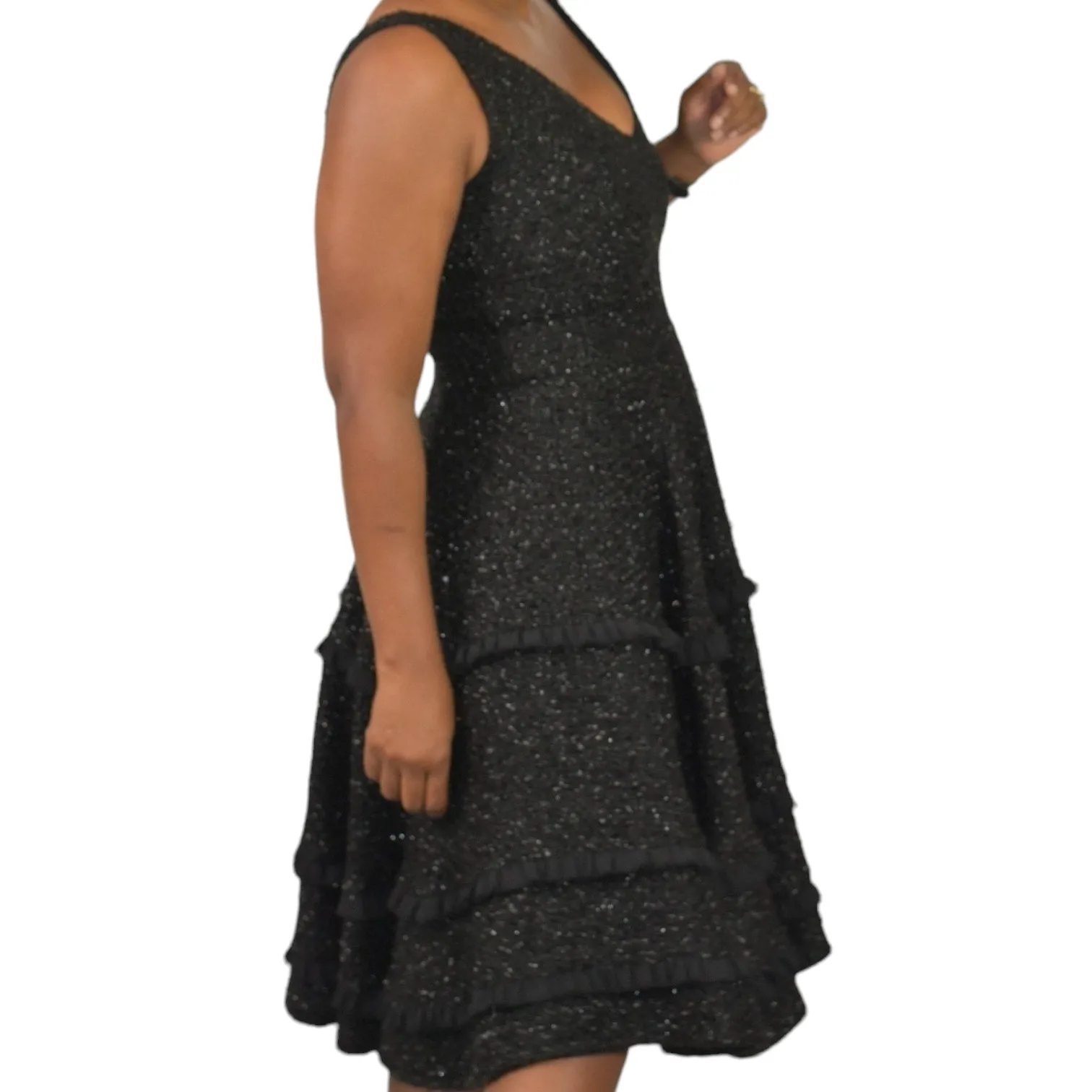 Abbey Glass Black Dress Tweed Boucle Textured Sparkle Shimmer Fit And Flare Tiered Full Midi Swing Knit Size 4