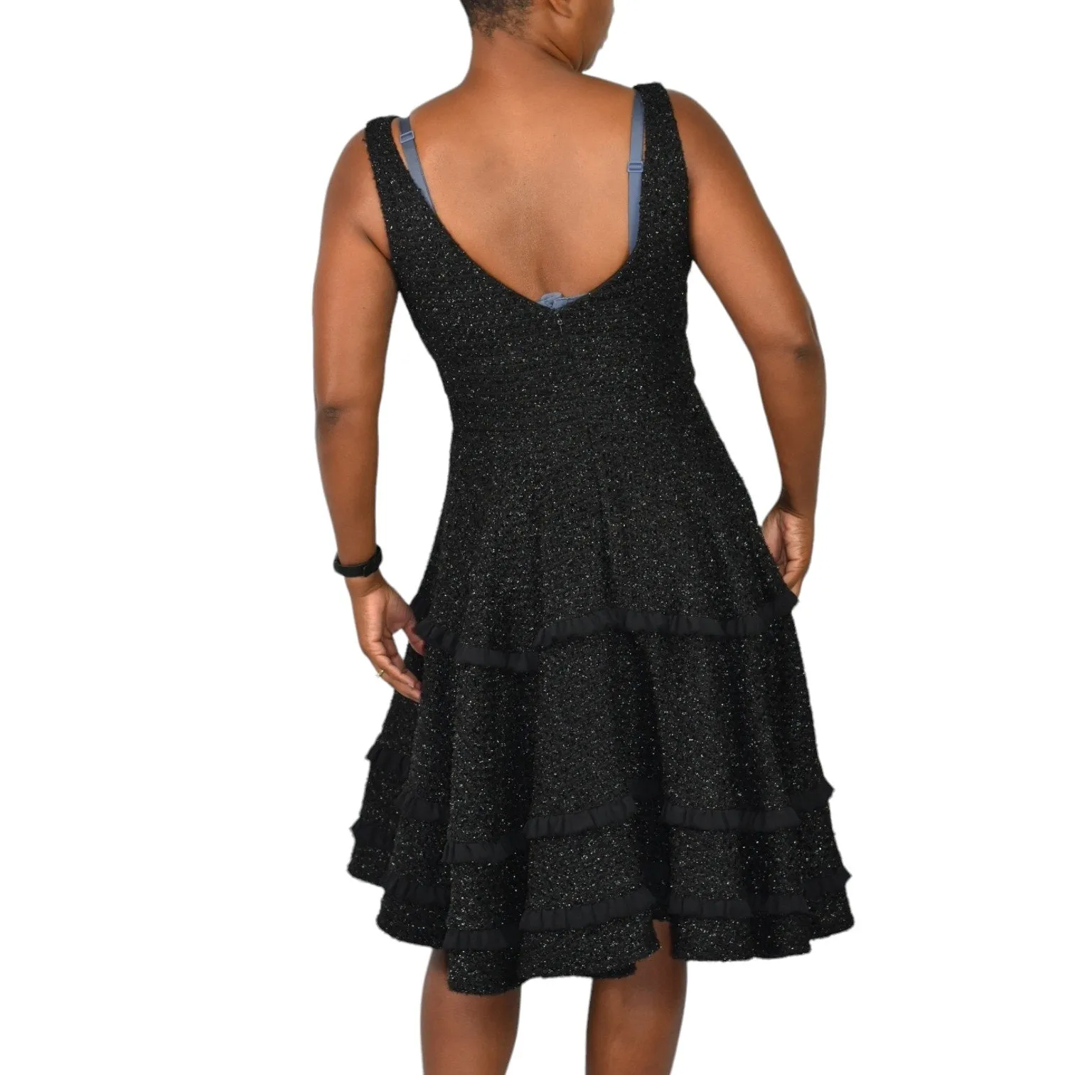 Abbey Glass Black Dress Tweed Boucle Textured Sparkle Shimmer Fit And Flare Tiered Full Midi Swing Knit Size 4