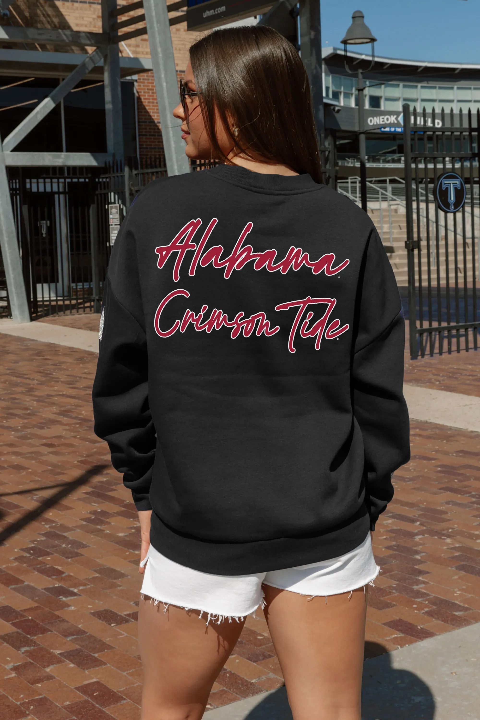 ALABAMA CRIMSON TIDE DEDICATION EMBELLISHED STAR SLEEVE CREWNECK PULLOVER