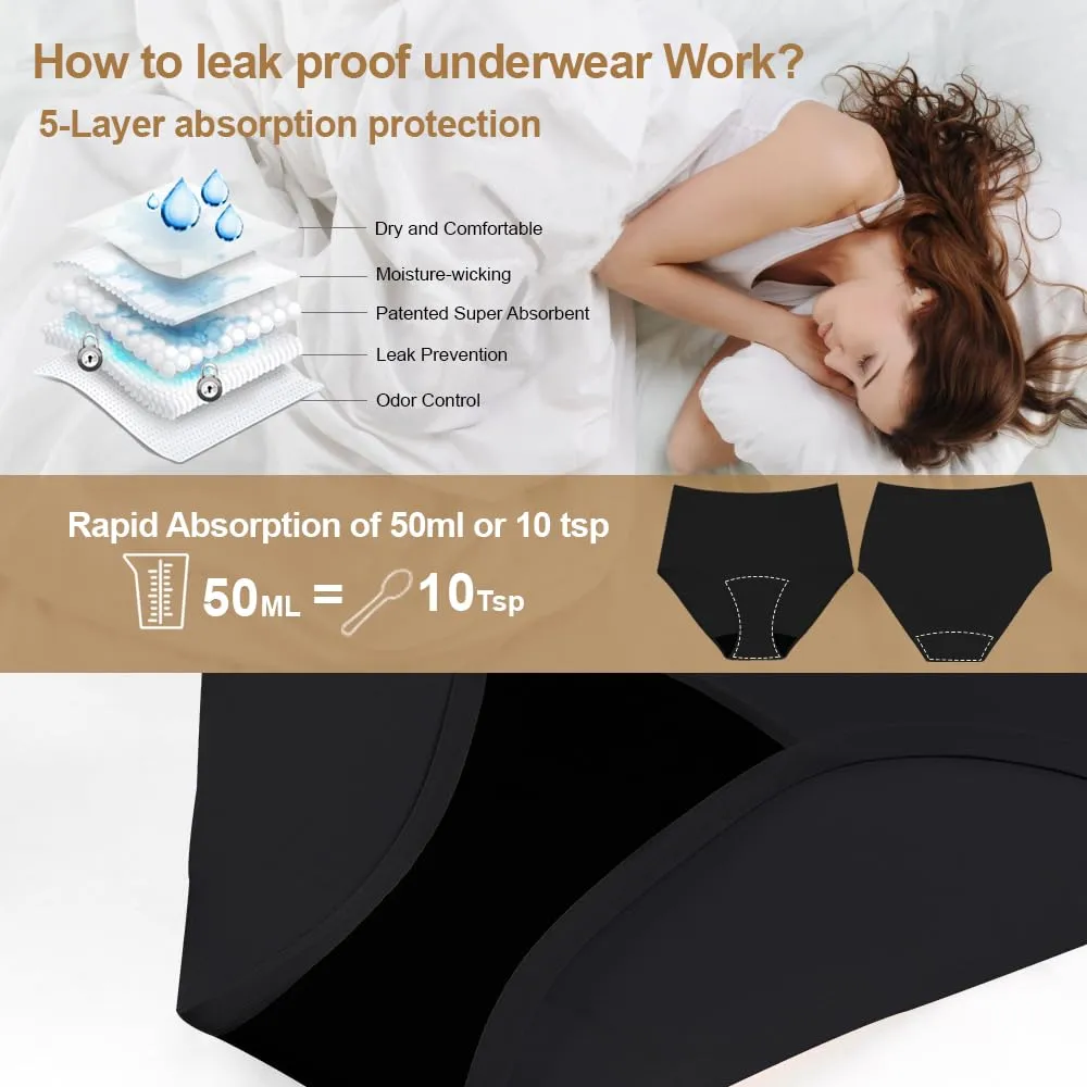 BATTEWA Incontinence Underwear for Women Seamless Washable, Leak Proof Underwear, High Absorbency Panties, Bladder Leak Underwear Protective Briefs 50ml，Black，Large