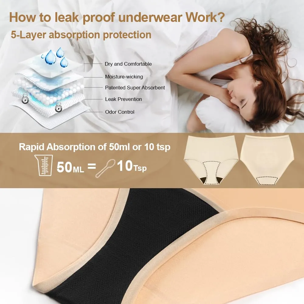 BATTEWA Incontinence Underwear for Women Washable, Leak Proof Underwear High Absorbency, Bladder Leak Underwear Protective Briefs, Seamless Panties 50ml, Beige, Medium（3 Pack