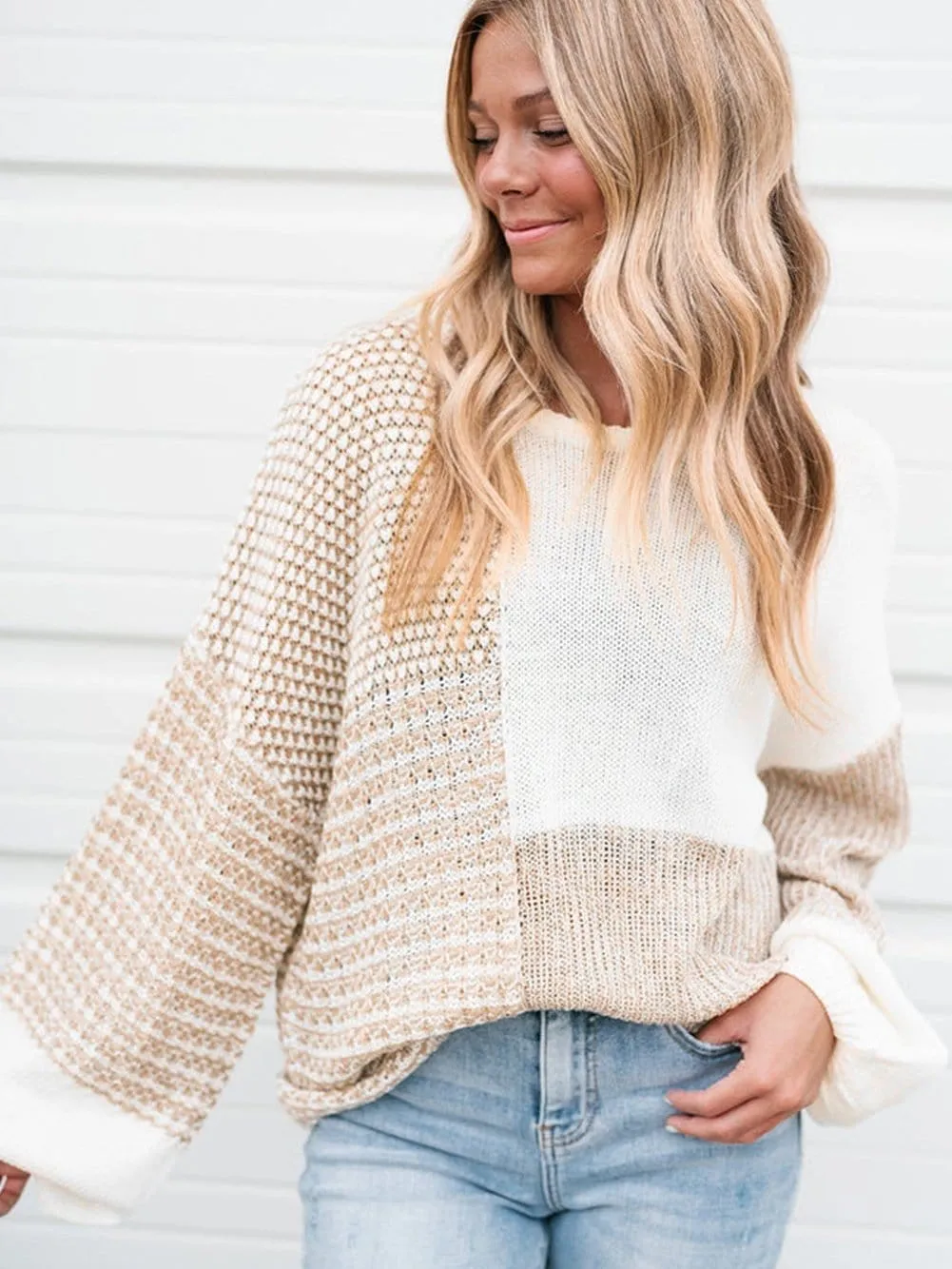 Beige Knit Tie Detail Drop Shoulder Sweater with Mixed Patterns