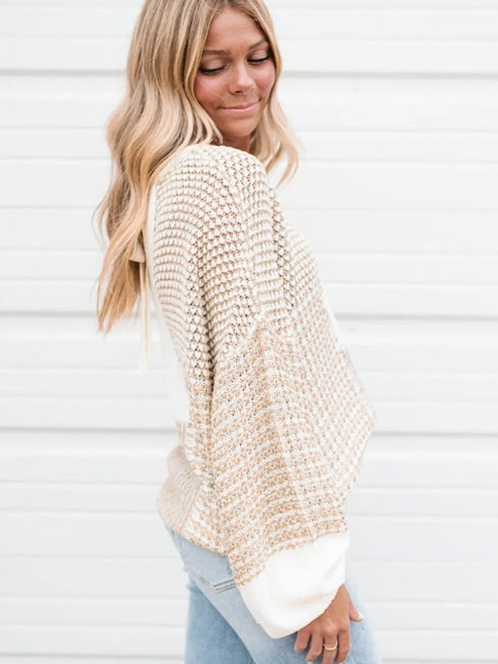 Beige Knit Tie Detail Drop Shoulder Sweater with Mixed Patterns