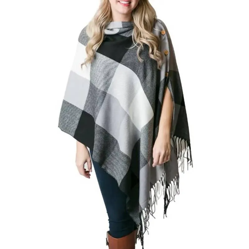 Black & White Check Plaid Button Fringe Poncho Shawl Scarf