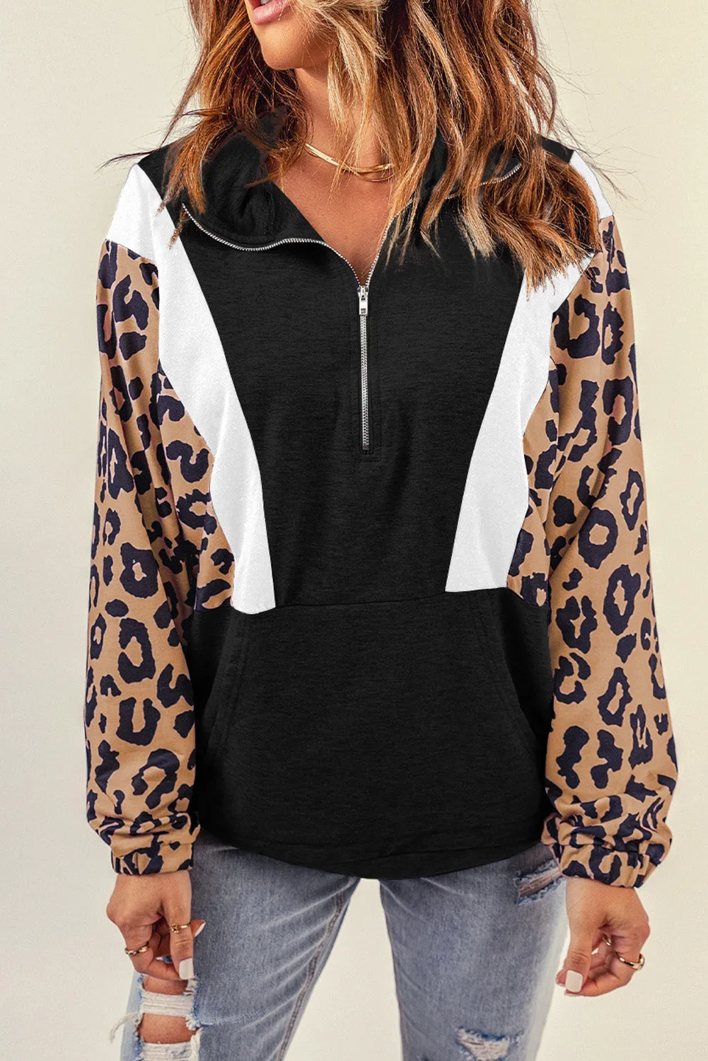 Black Pocketed Half Zip Leopard Pullover Sweatshirt