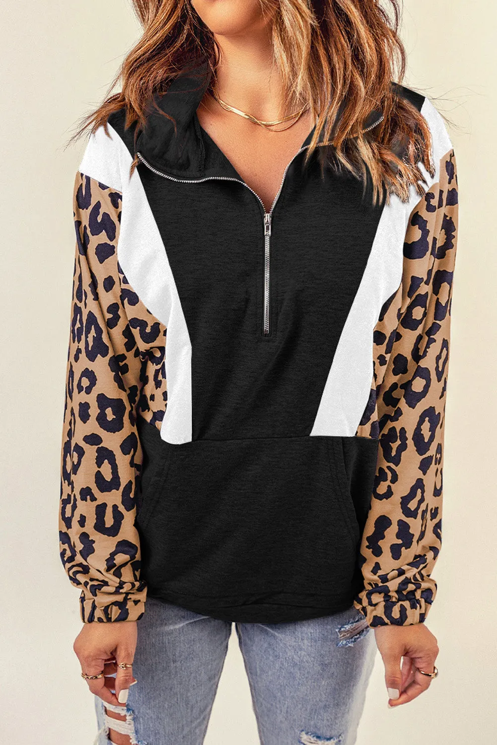 Black Pocketed Half Zip Leopard Pullover Sweatshirt