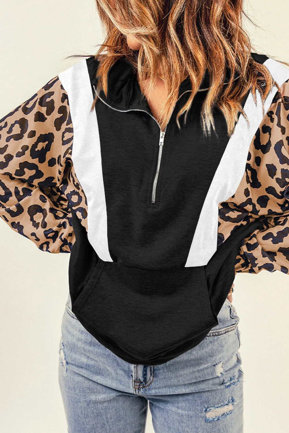 Black Pocketed Half Zip Leopard Pullover Sweatshirt