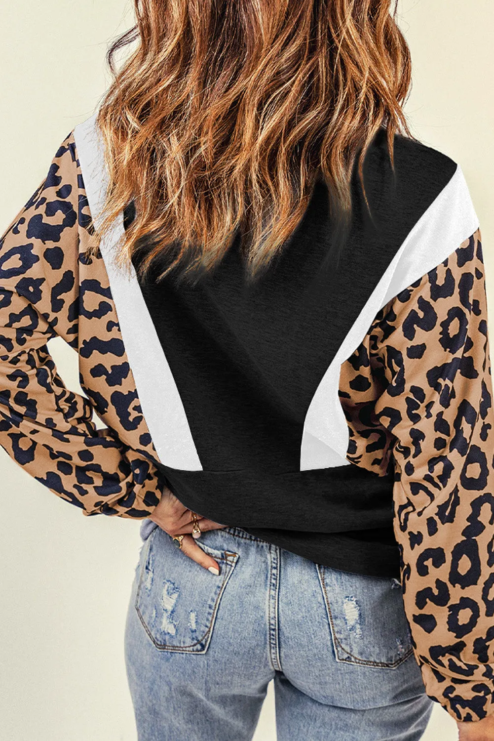 Black Pocketed Half Zip Leopard Pullover Sweatshirt