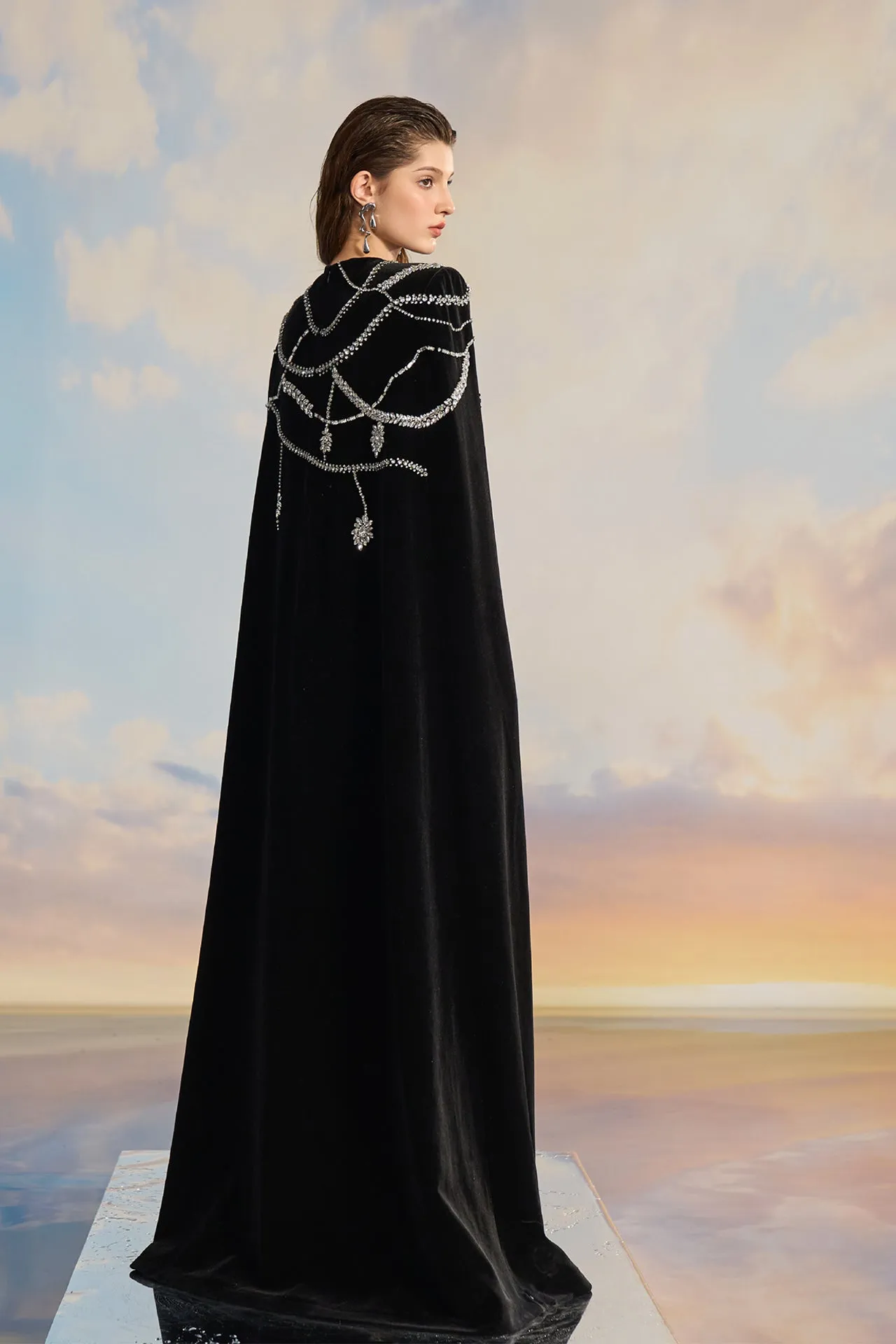 Black Velvet Cape Dress with Sequin Details