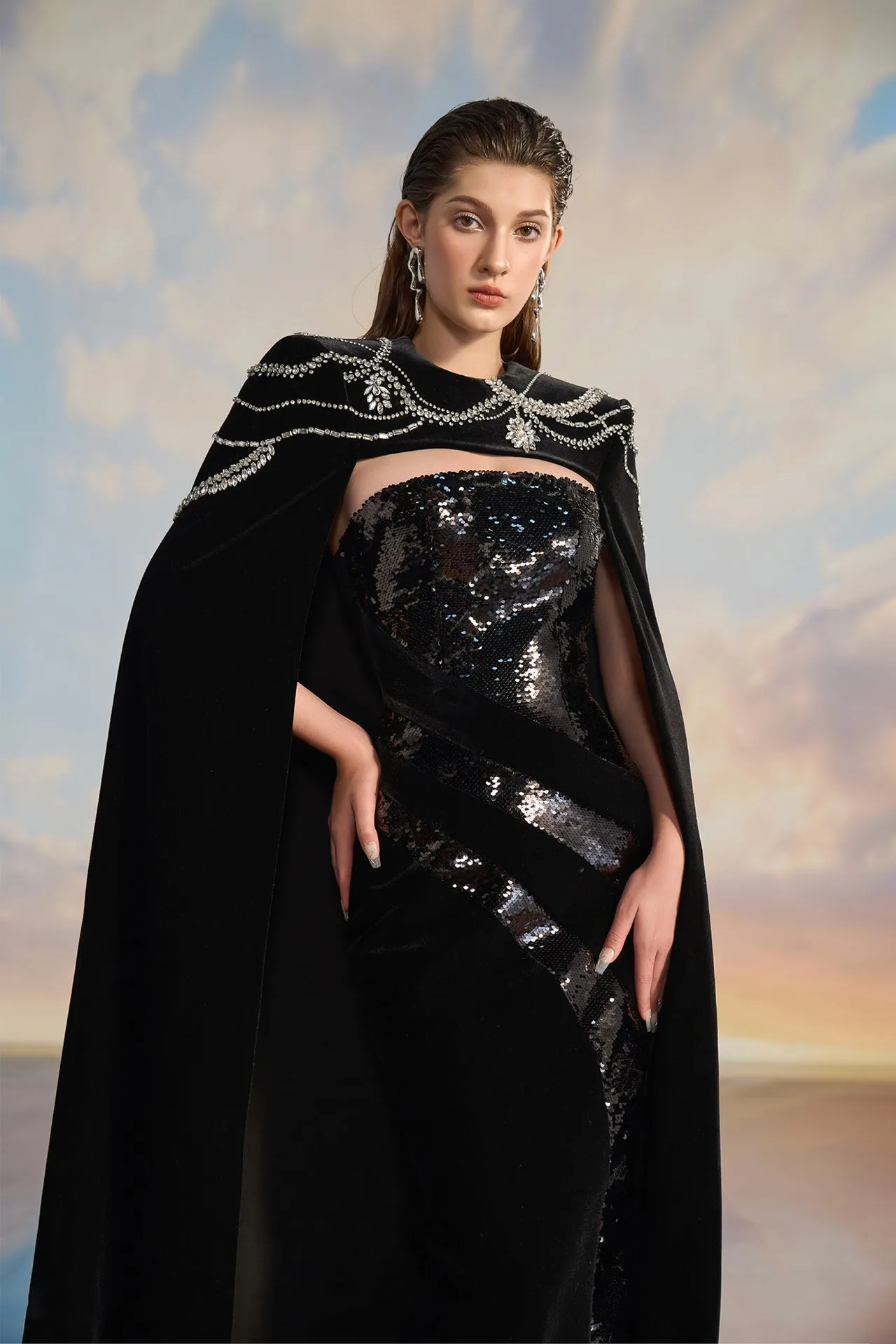 Black Velvet Cape Dress with Sequin Details