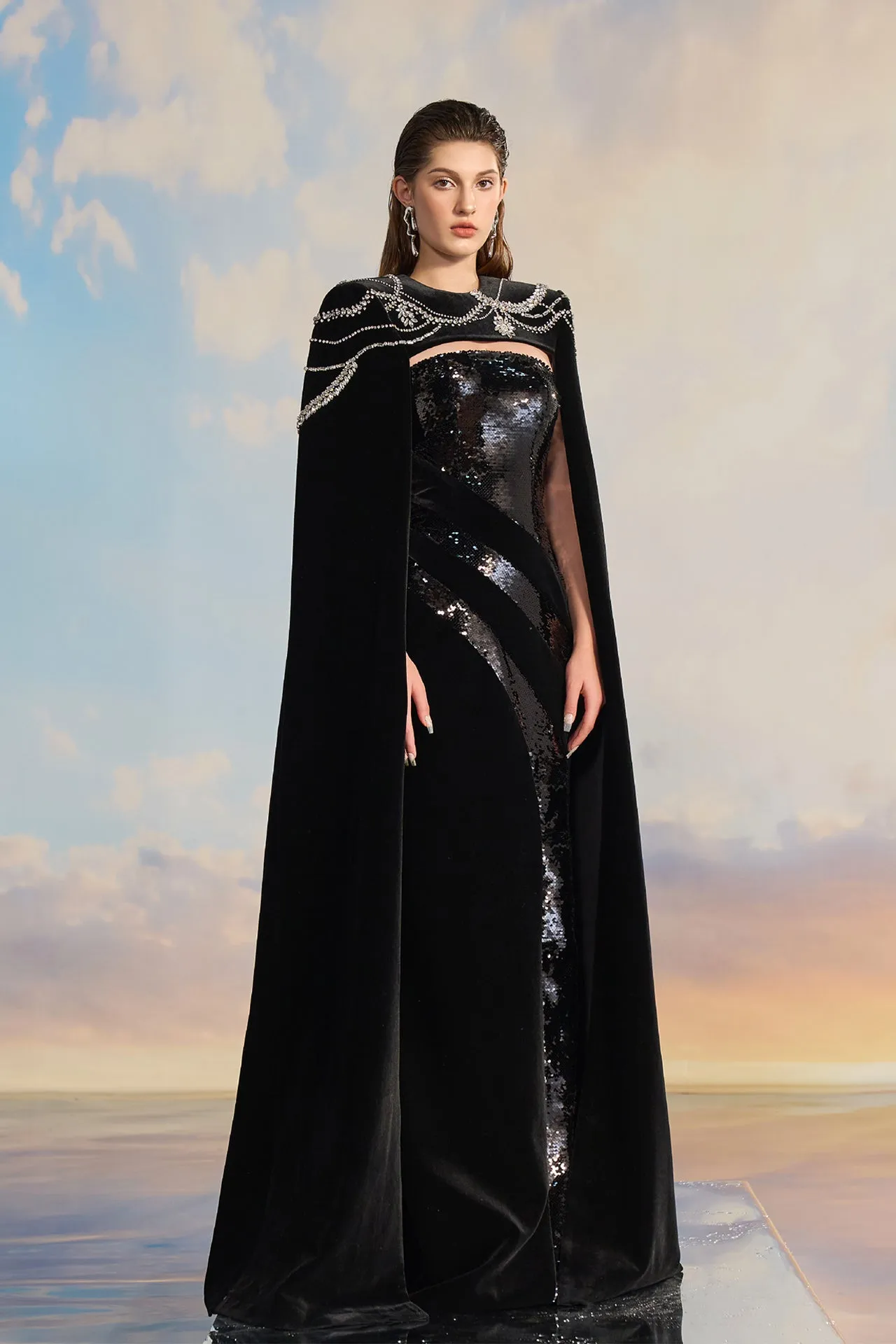 Black Velvet Cape Dress with Sequin Details