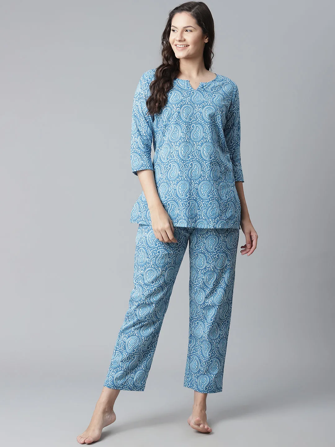 Blue Printed Cotton Nightwear