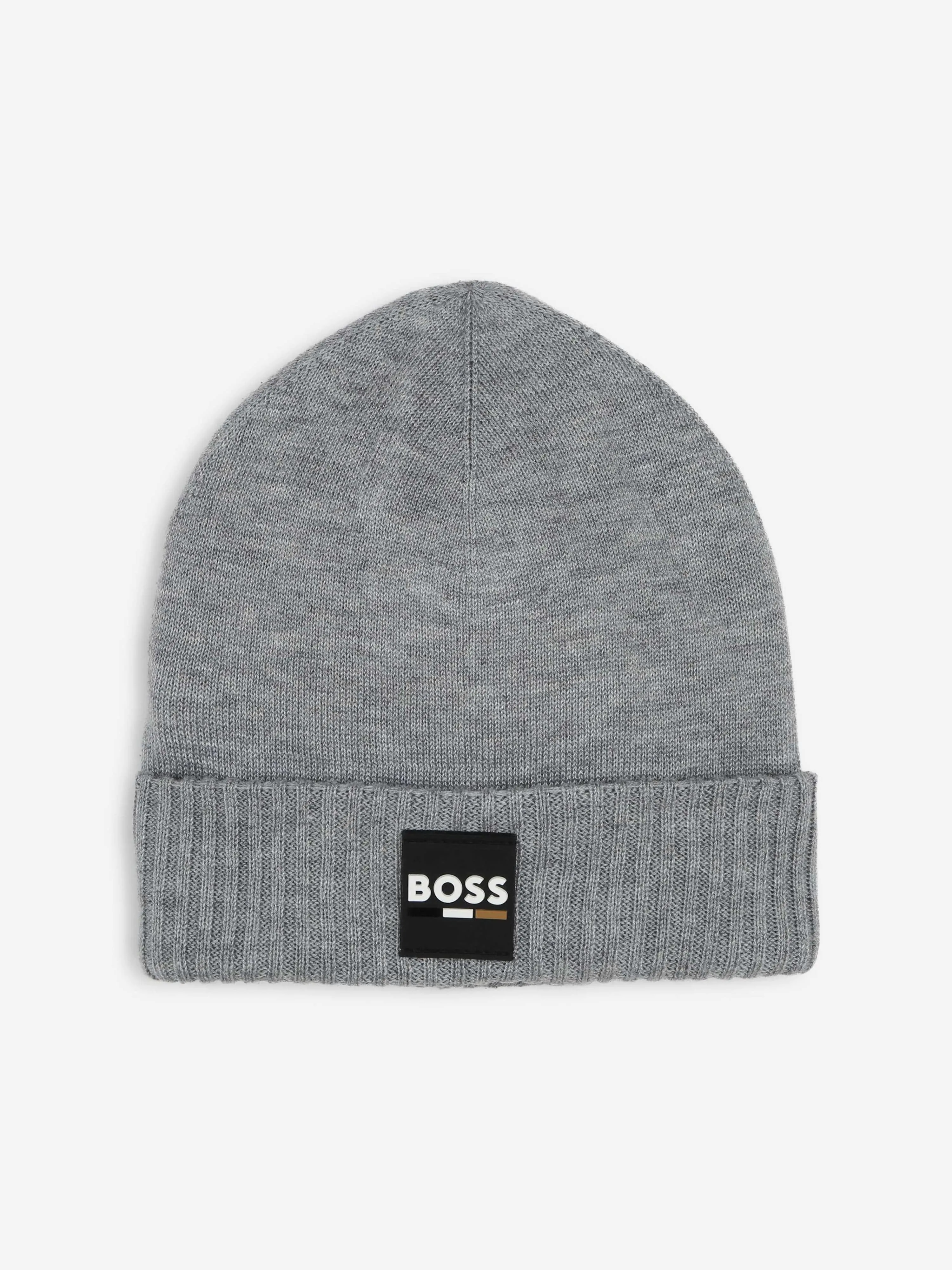 BOSS Boys Logo Badge Beanie Hat in Grey