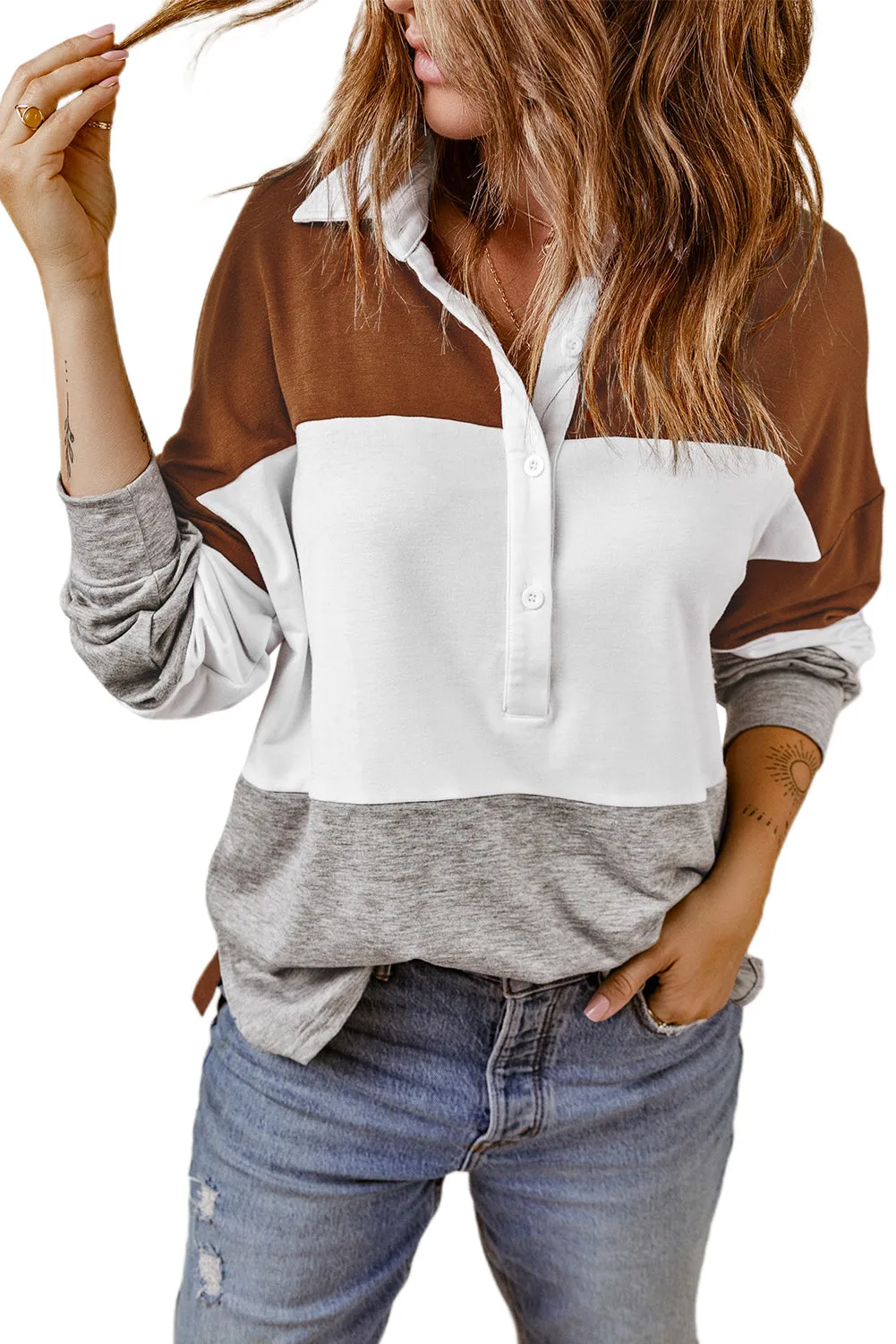 Brown Turn-Down Collar Colorblock Pullover Sweatshirt