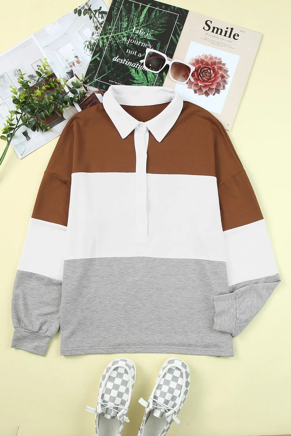 Brown Turn-Down Collar Colorblock Pullover Sweatshirt