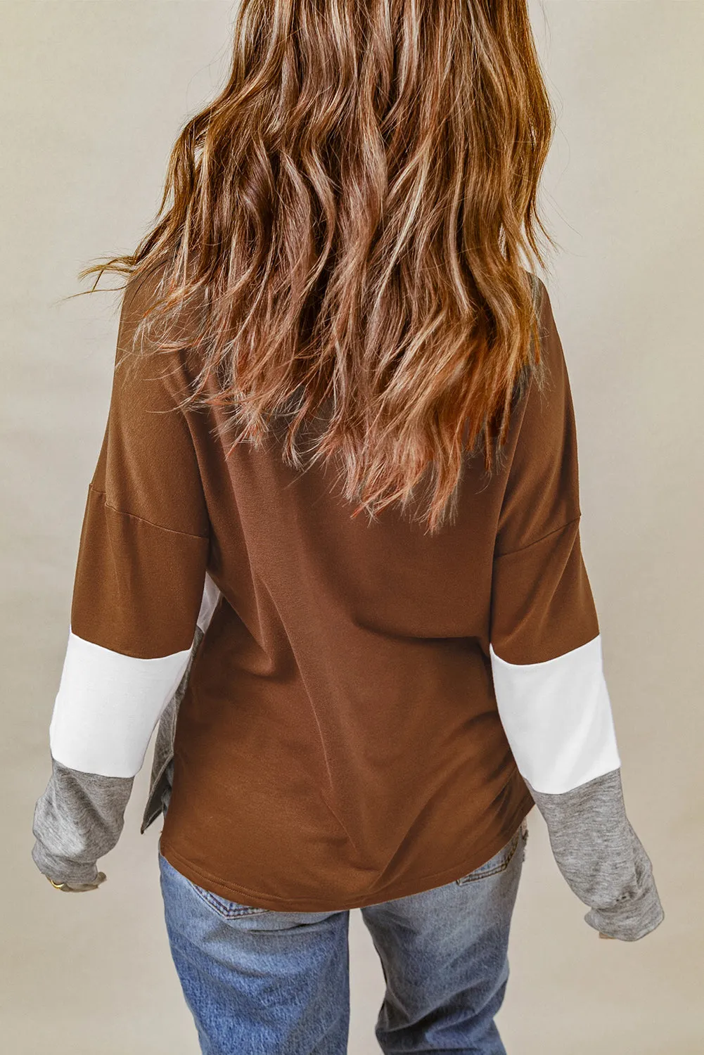 Brown Turn-Down Collar Colorblock Pullover Sweatshirt