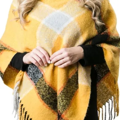 Cece Poncho Wrap Yellow Fringe Plaid