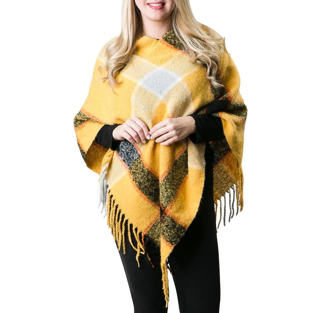 Cece Poncho Wrap Yellow Fringe Plaid