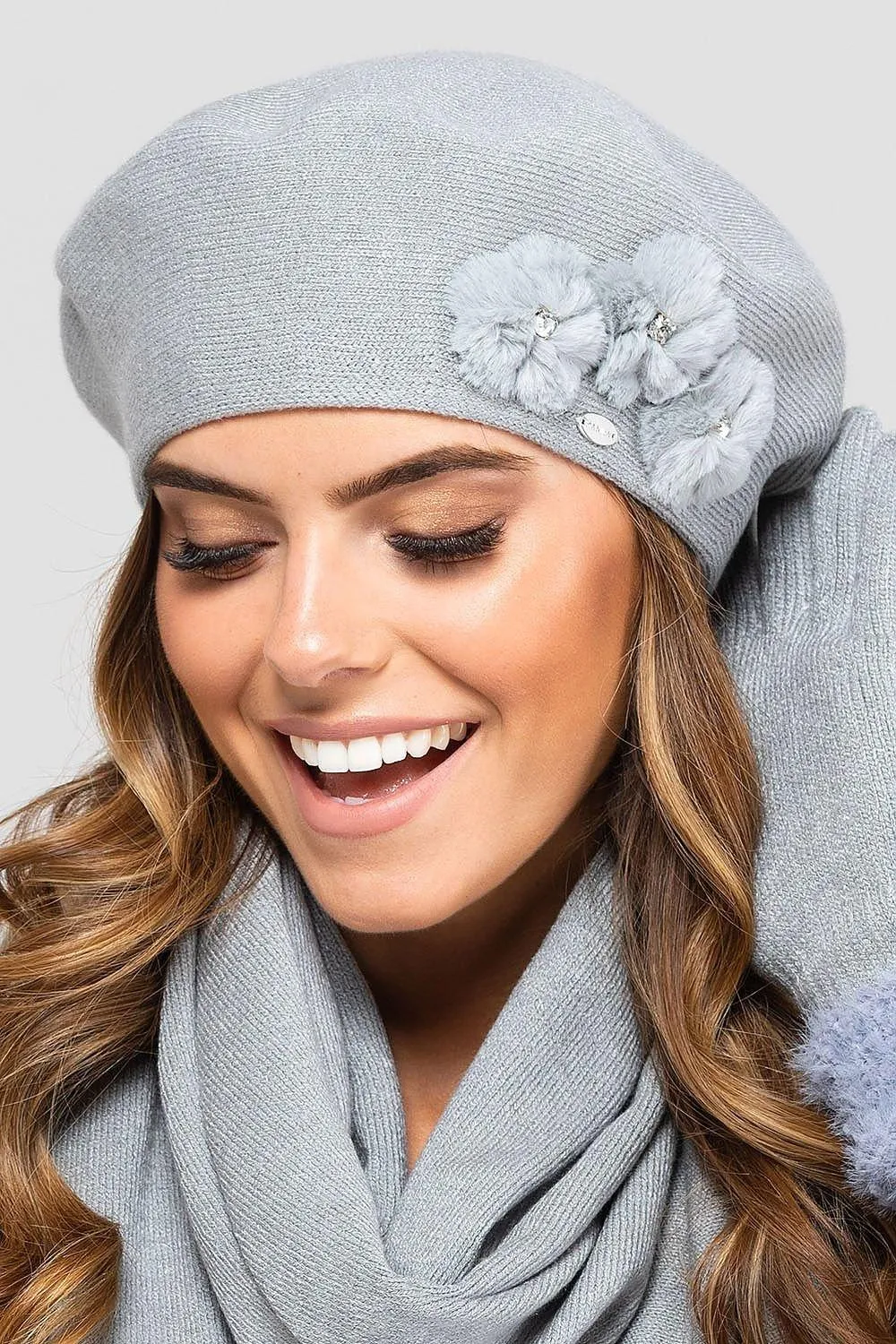 Chic Pom-Pom Winter Beret with Zircon Accents