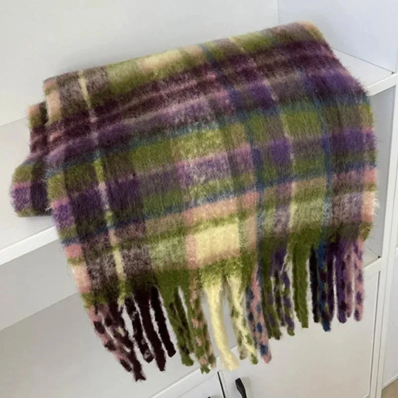 Design Homemade Mohair Imitated Cashmere Winter Thick Tassel Purple Green Scarf