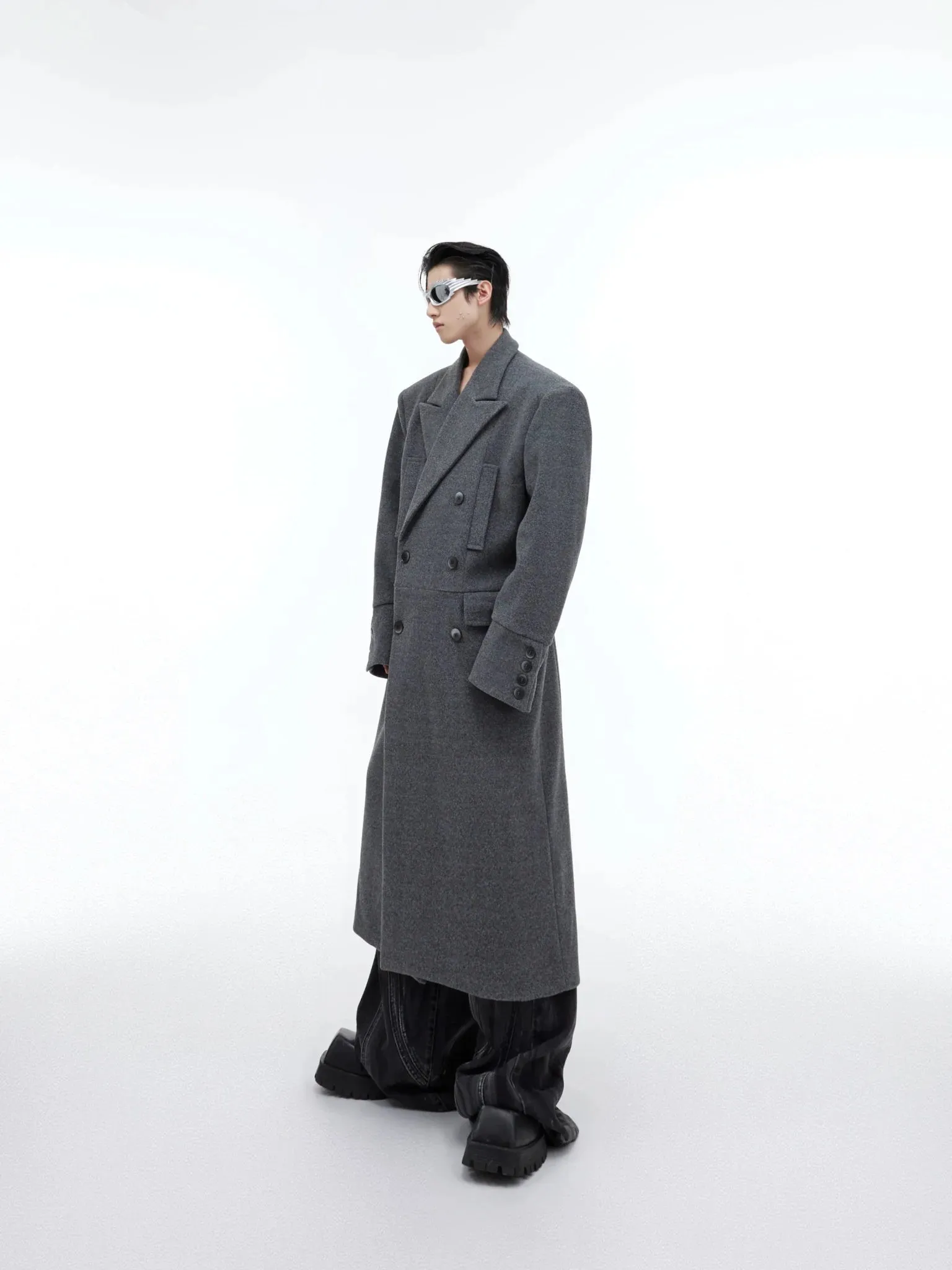 Edgy Structured Shoulder Woolen Overcoat | Minimalist Longline Trench