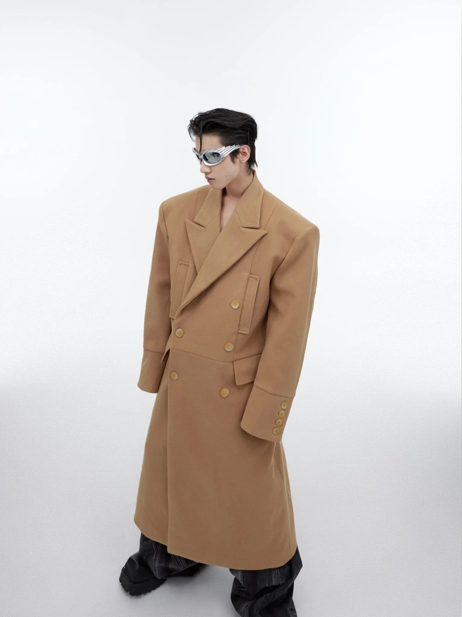 Edgy Structured Shoulder Woolen Overcoat | Minimalist Longline Trench