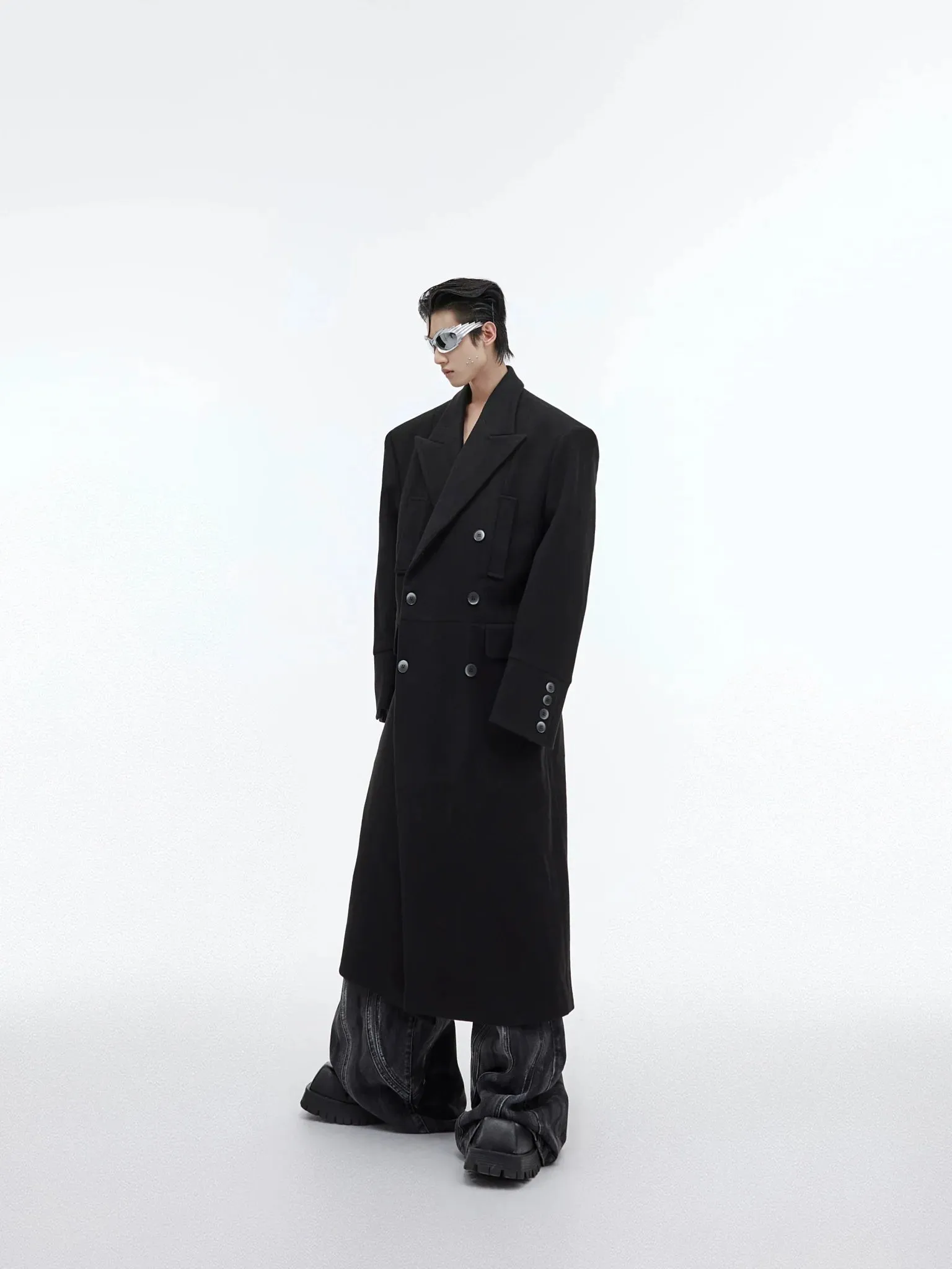 Edgy Structured Shoulder Woolen Overcoat | Minimalist Longline Trench