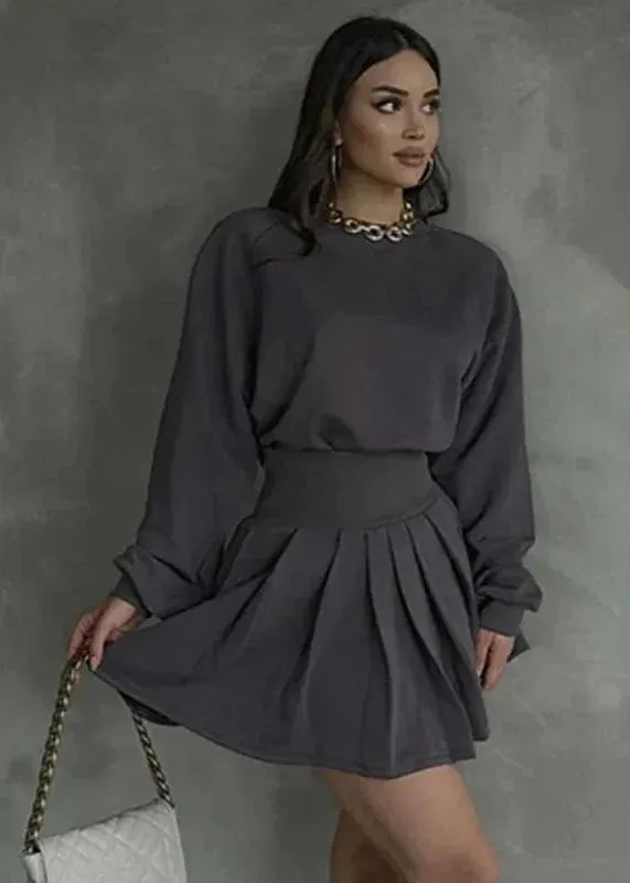 Ivyshape | Charm Gray Long Sleeve Sweater & Pleated Skirt Set