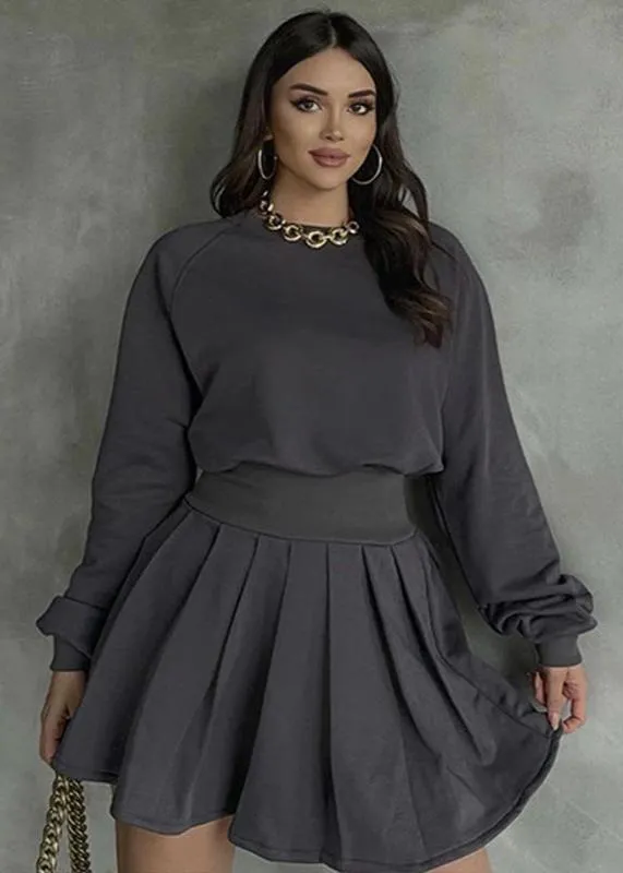 Ivyshape | Charm Gray Long Sleeve Sweater & Pleated Skirt Set