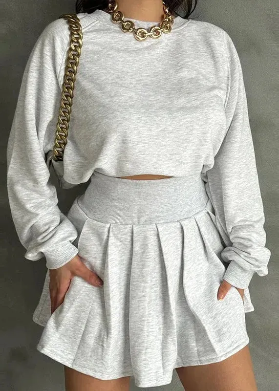 Ivyshape | Charm Gray Long Sleeve Sweater & Pleated Skirt Set