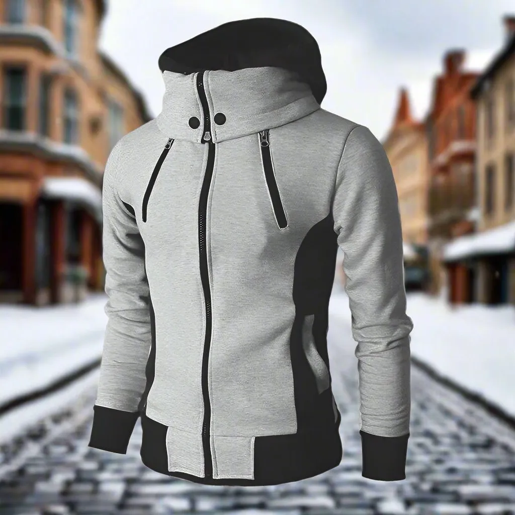 Men's Fashion High Collar Warm Four Zipper Jacket Casual Zipper Hoodie Jacket Outdoor Sports Hoodie Jacket - S4333144