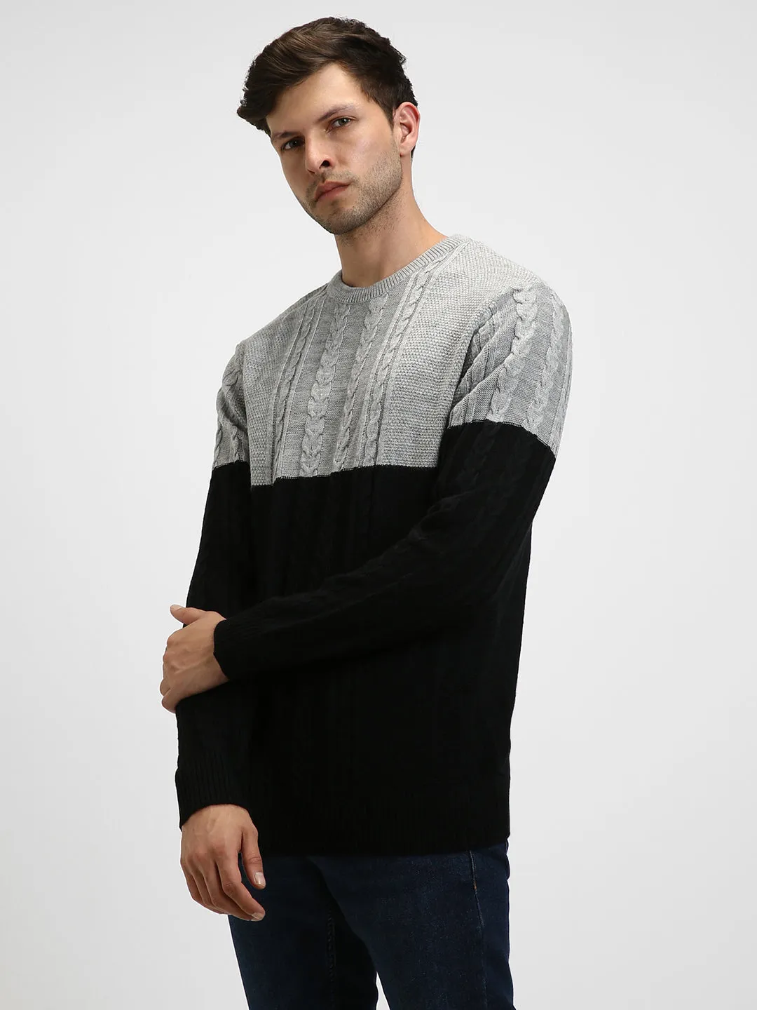 Men's Light Grey ColorBlock Round Neck Pullover Sweater