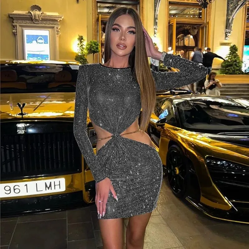 Mini Beading Sexy Nightclub Party Dress Women Autumn Dress Long Sleeve Slim Bodycon Dresses Office Lady Streetwear L B-36561