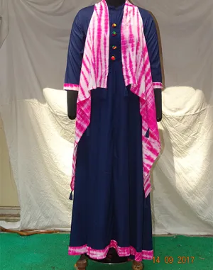 Navy Blue Rayon Long Kurti with White-Pink Tye Dye Poncho