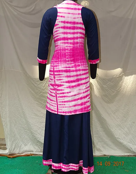 Navy Blue Rayon Long Kurti with White-Pink Tye Dye Poncho