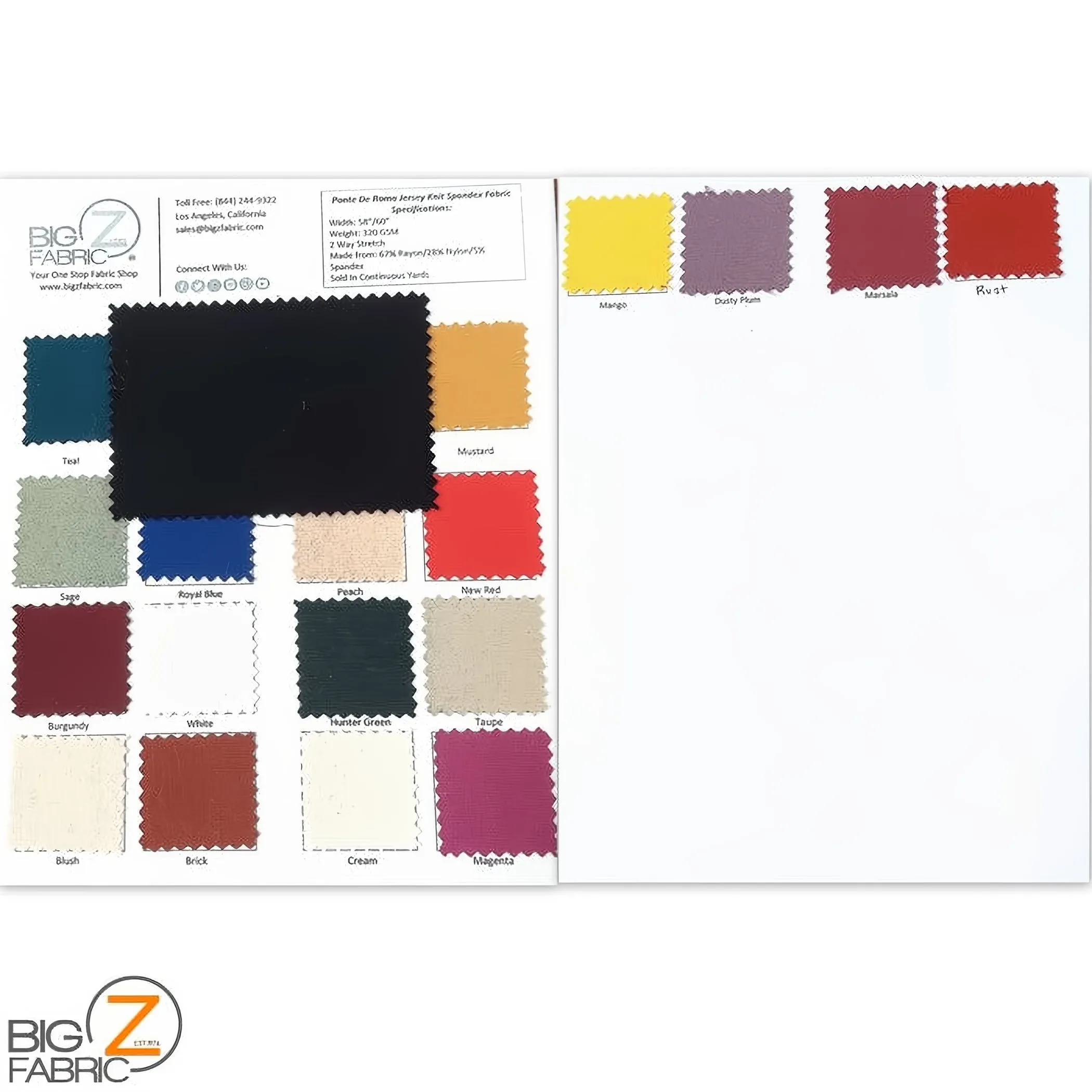 Ponte De Roma Jersey Knit Spandex Fabric - COLOR CARD