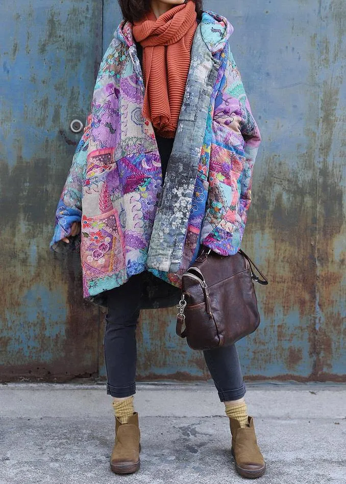 Purple prints overcoat oversized warm winter coat hooded patchwork overcoat