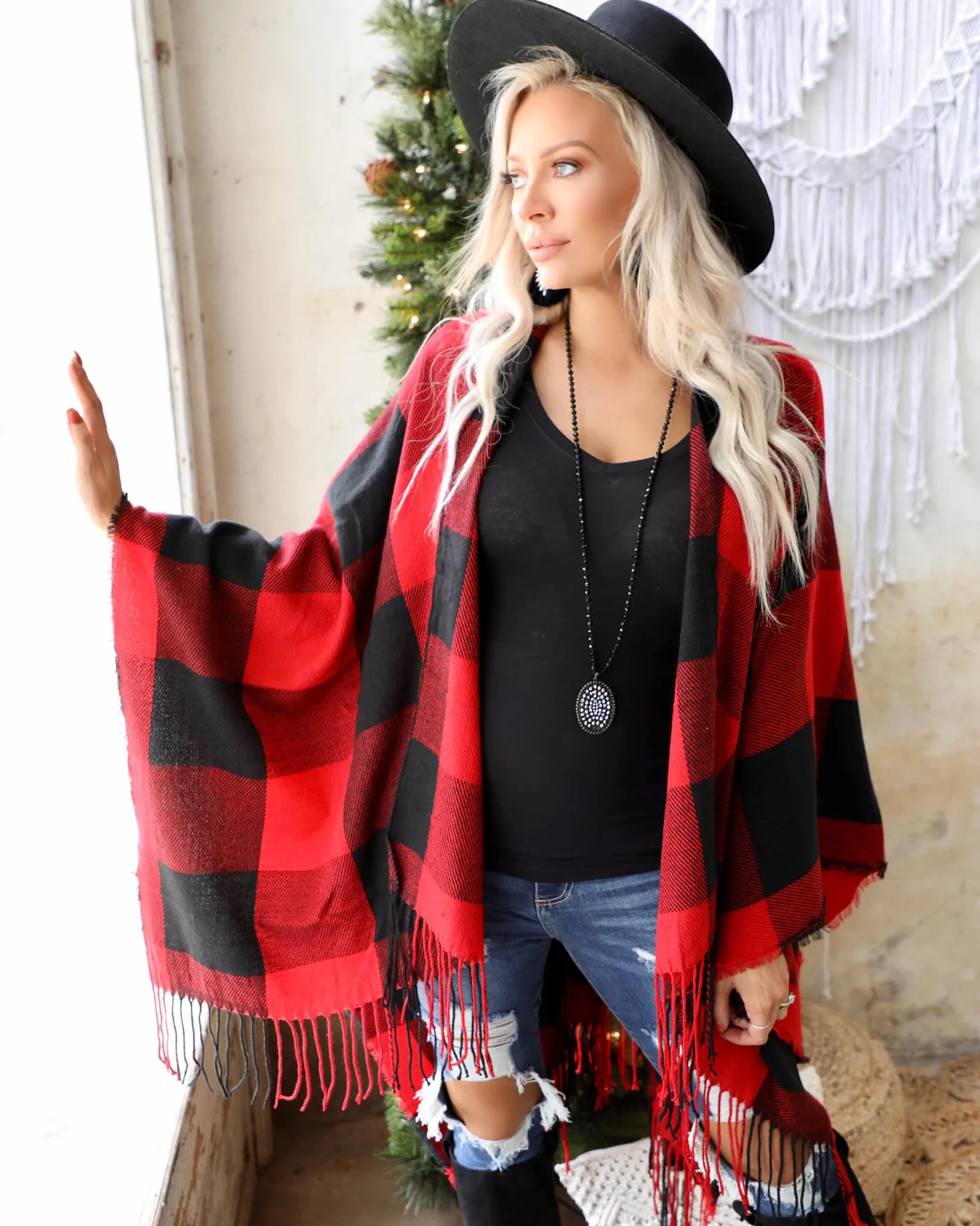 "KC" Red and Black Poncho : OS