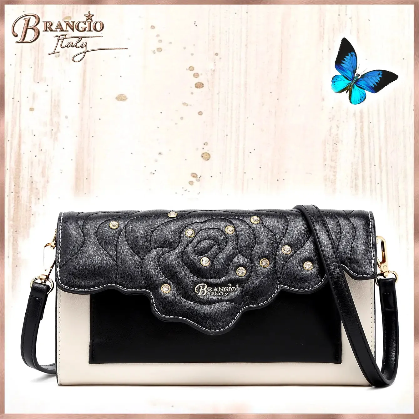 Rosette 3d Crystal Vegan Leather Mini Crossbody Clutch