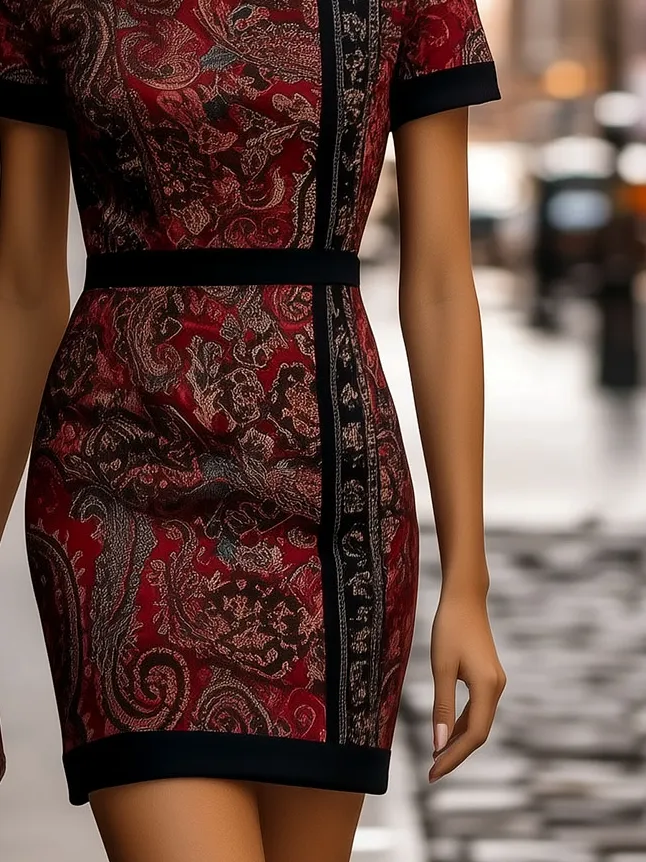 Round Neck Paisley Print Short Sleeves Pencil Dress