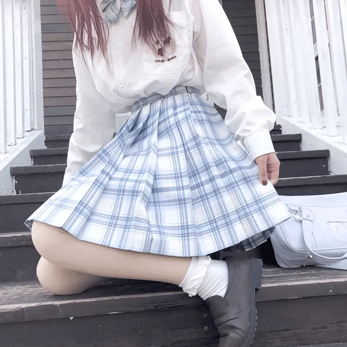 [Skirt / Bow] JK Glacier-Blue plaid uniform skirt