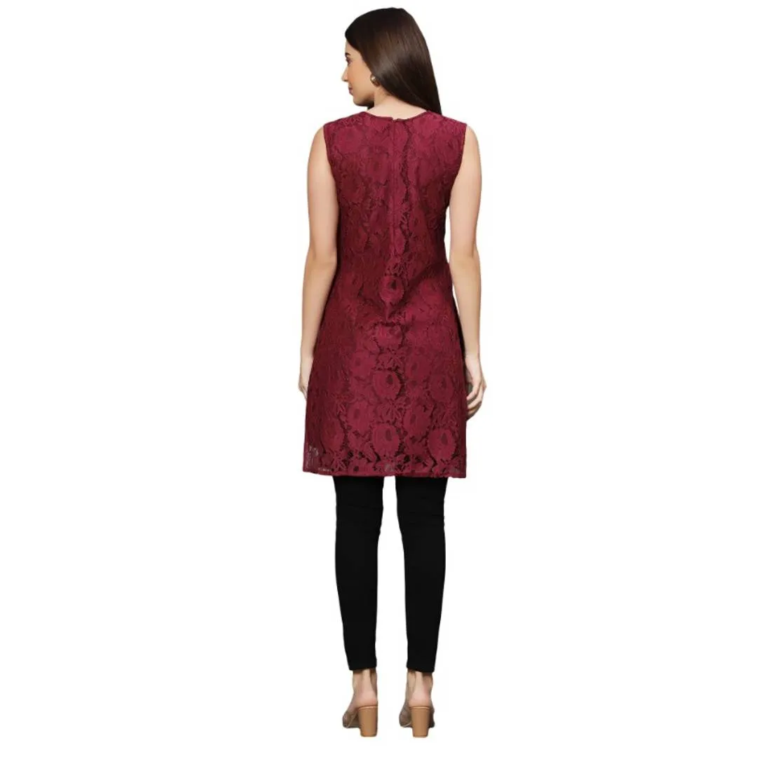 sleeve less net maroon dress