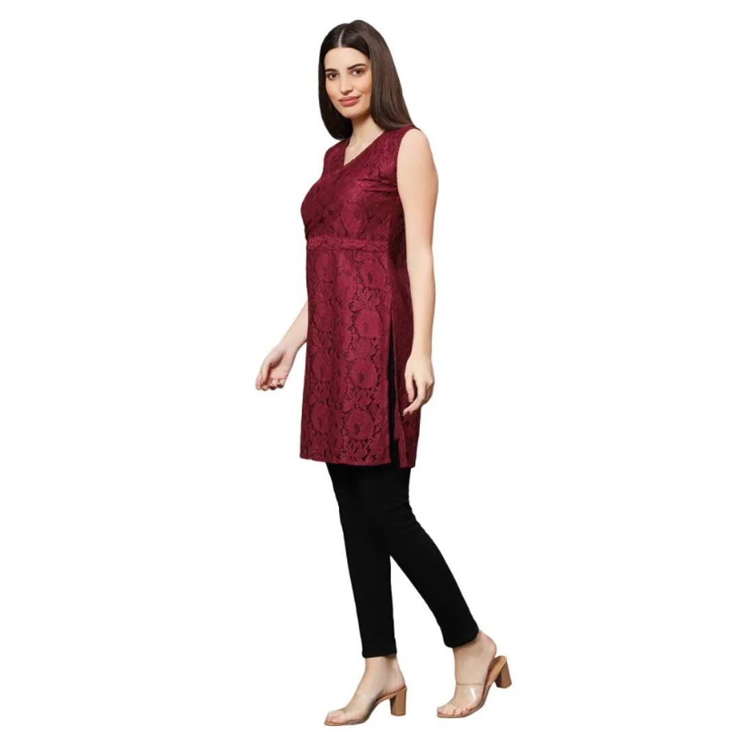 sleeve less net maroon dress