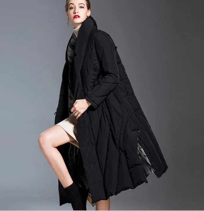 Slit A-line Long Loose Women Down Coat Winter Loose 90% Duck Down Jackets With Large Collar