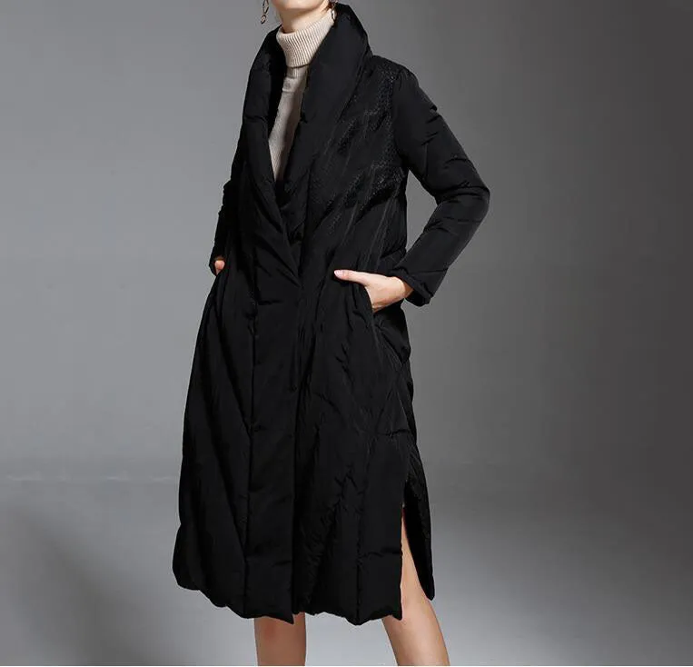 Slit A-line Long Loose Women Down Coat Winter Loose 90% Duck Down Jackets With Large Collar