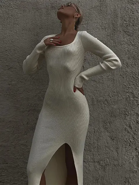 Square Neck Knitted Midi Dress