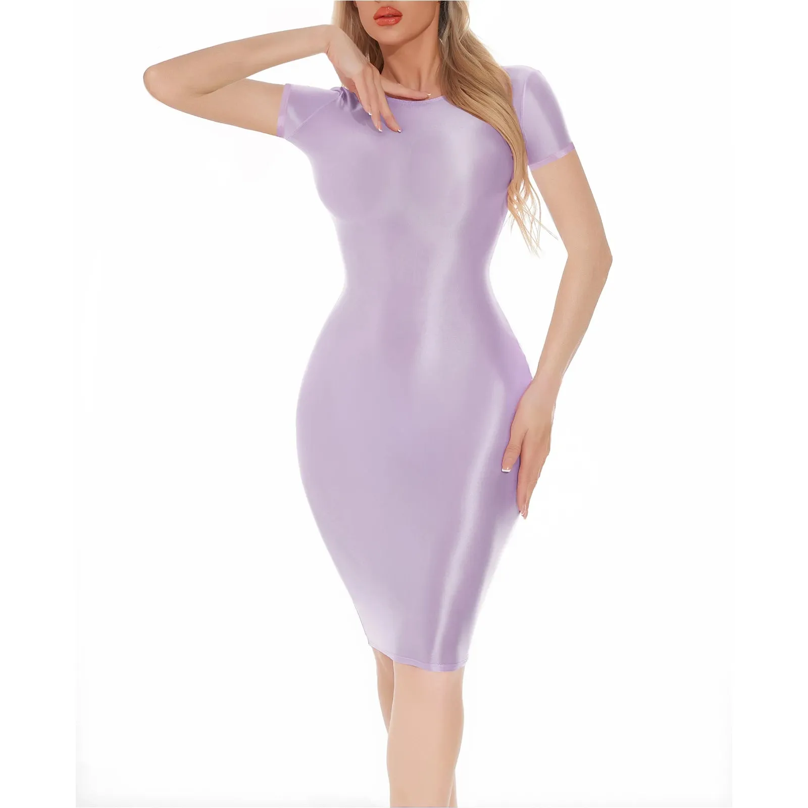 Trend4us Women's Glossy Short-Sleeve Bodycon Dress