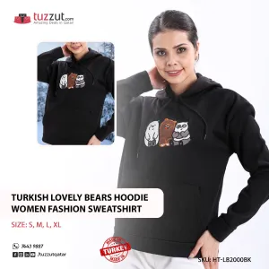 Turkish Lovely Bears Hoodie Women Fashion Sweatshirt - Black